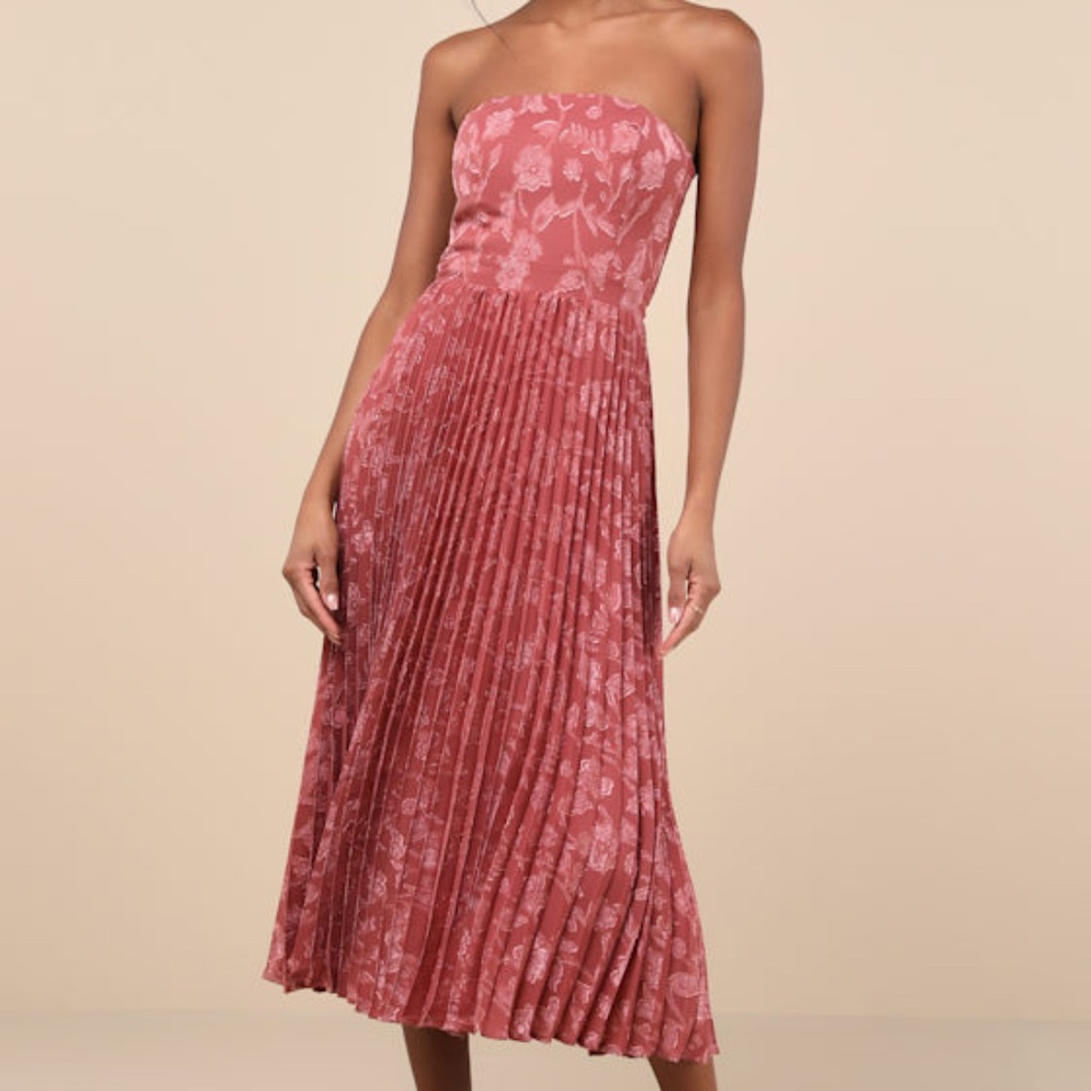 Lulus Perfectly Stunning Rusty Rose Jacquard Strapless Midi Dress Pink - Size M
